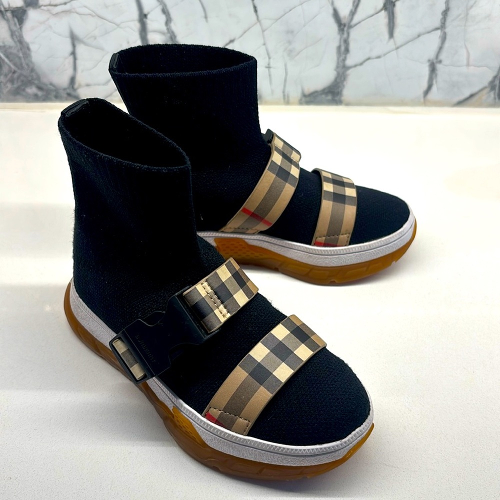 Baby Burberry Black and Tan Boots with Plaid Accents